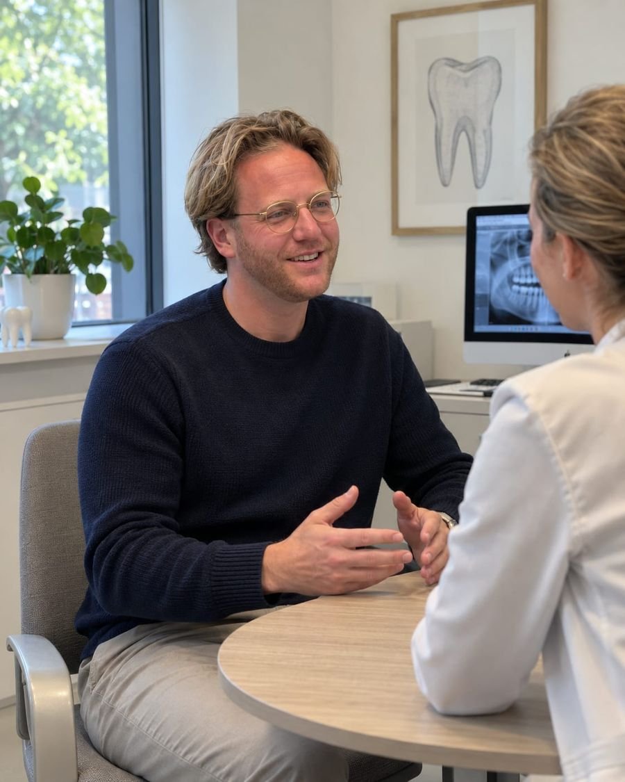 Olivier Verwerda, eigenaar van Denta Staffing, in gesprek in een tandartspraktijk