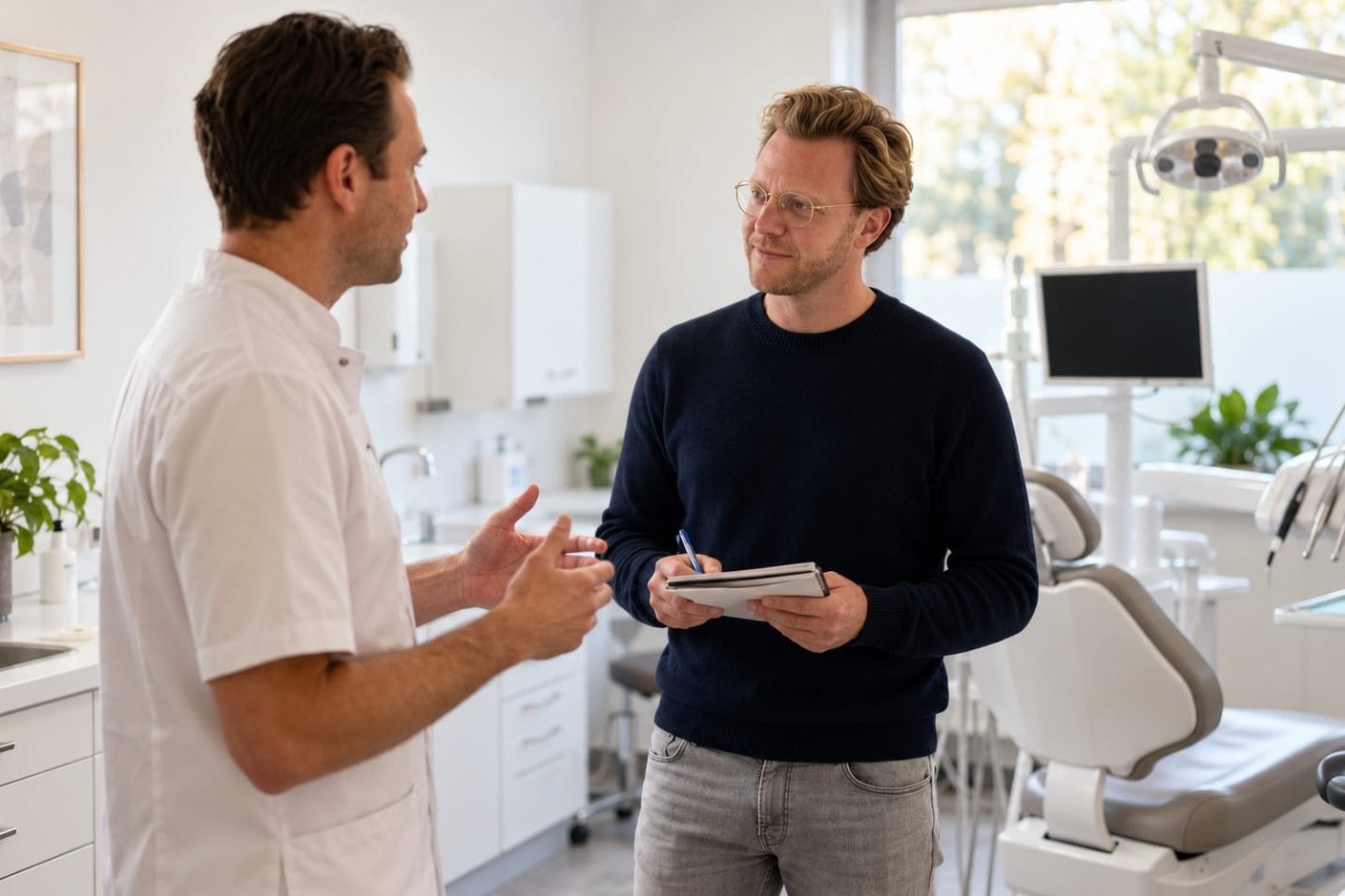 Recruiter Olivier Verwerda in discussion with a dentist in the treatment room