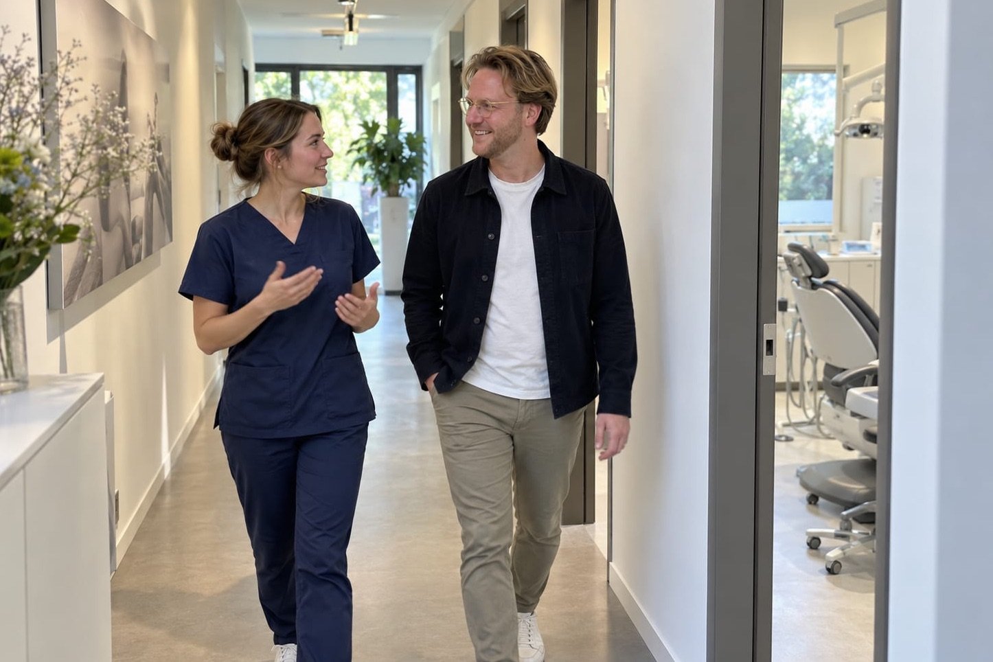 Recruiter Olivier Verwerda van Denta Staffing in gesprek met een tandartsassistent in de gang van een tandartspraktijk