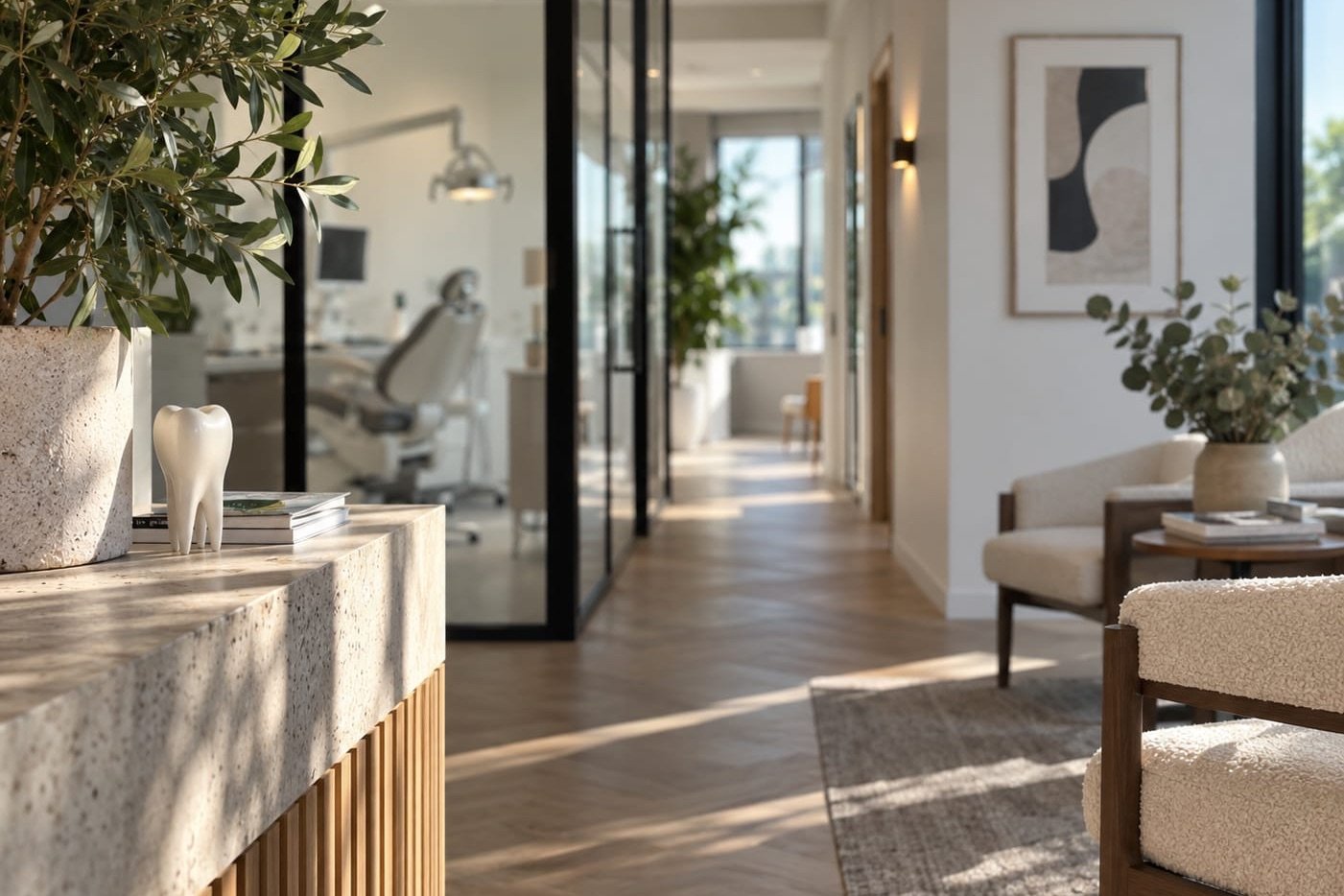 Wachtruimte en gang van een moderne tandartspraktijk, met de behandelkamer achter glas